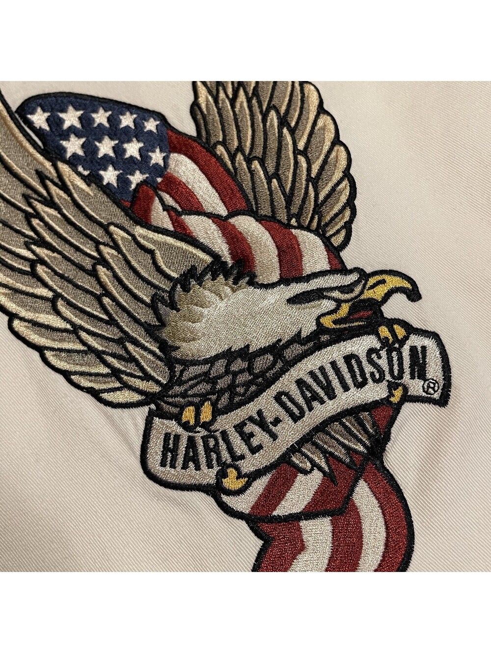 Harley Davidson Denim Shirt USA BIG LOGO VTG Embroidered Eagle Cream Mens Size M